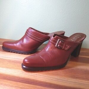 Franco Sarto Womens Cognac Leather Buckle Block Heel Mules Shoes Size 7.5M